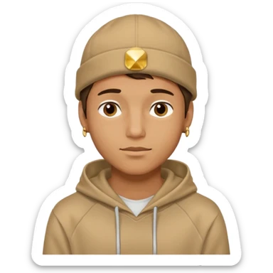 {
  "type": "human",
  "look": "male, tan hoodie, brown cap, gold jewelry, calm face, front view",
  "description": "a young man wearing a hoodie and cap, looking relaxed and confident"
} sticker