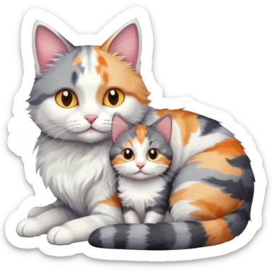 grey and white cat cuddling a colourful light patched calico + white tabby cat sticker