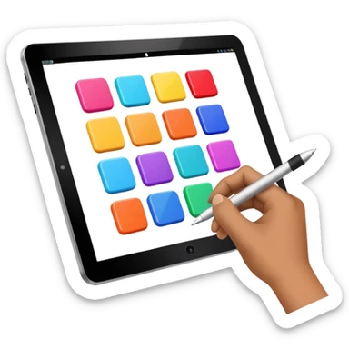 A hand having a digital pen drawing colorful rectangules on a tablet sticker