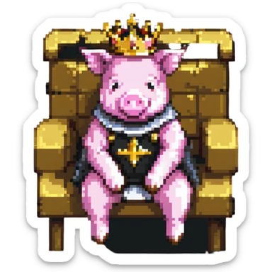 minimal abstract pixel art pig with a golden crown sitting on a throne, blocky and square like Minecraft, very few pixels sticker