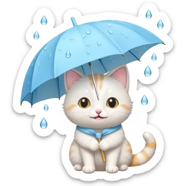 A cute cat holding a pastel umbrella, smiling while raindrops fall softly. sticker