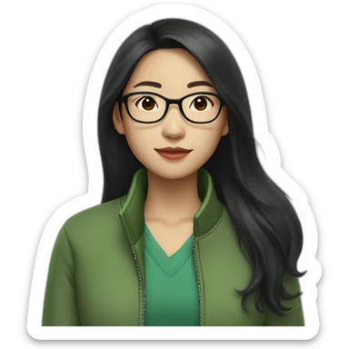 Asian girl with long black hair and glasses wearing green jacket sticker
