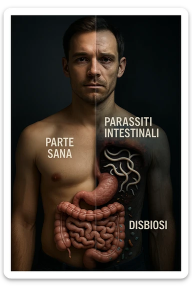 vertical realistic cinematic image: healthy man who could deteriorate health, with visual transition showing intestinal parasites and dysbiosis as causes. Dramatic clinical lighting, captions in Italian, 2:3 aspect ratio. sticker
