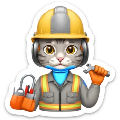gray cat, handyman Outfit, wearing a Helmet sticker