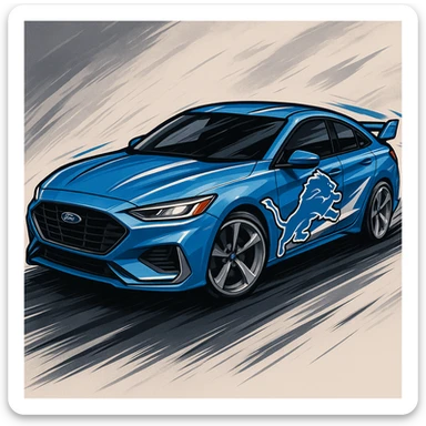 A stylized Ford car with Detroit Lions branding, blue and silver paint, lion mascot on the side, energetic and dynamic look. sticker