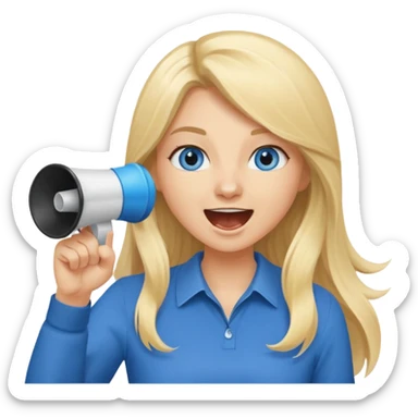  blue eyes blonde girl yelling into megaphone smiling long hair holding up finger sticker