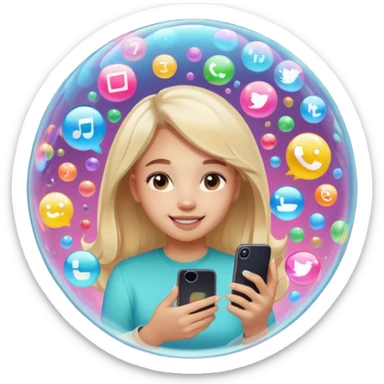 a girl inisde a buble watching her phone and put apps floading around do tik tok instagram and snapcjat sticker