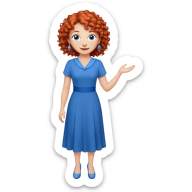 una profesora mayor simpática con el pelo rojo rizado, ojos azules, vestido azul y pendientes azules hablando sonriendo altura completa  sticker