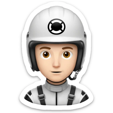 white male racer in helmet, crazy look sticker