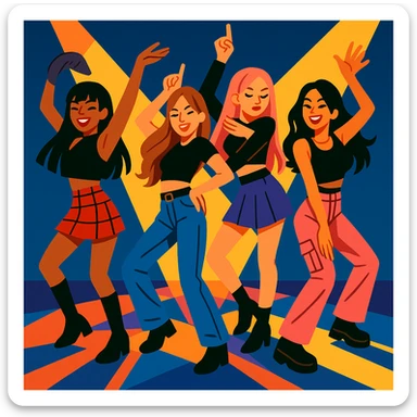 Blackpink K-pop idols, dynamic dance pose, trendy fashion, spotlight effect, energetic and stylish sticker