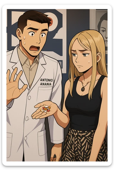 fai un webtoon/manga a colori con questo kinesiologo in camice bianco (fagli la scritta "ANTONIO ANANIA" SUL CAMICE) CHE PARLA CON QUESTA RAGAZZA. LA RAGAZZA HA UN PUGNO DI INTEGRATORI IN MANO (TANTE PILLOLE DIVERSE) E LE GUARDA DUBBIOSA. IL KINESIOLOGO CON IL CAMICE BIANCO LE DOMANDA UNA COSA SCIOCCATO. NON FARE I FUMETTI, FAI SOLO LORO COME SE DIALOGASSERO sticker