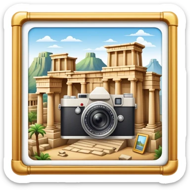 Icon for Historical and Cultural Tourism: iconic landmarks like ancient ruins, a museum and a historical monument, with a travel guidebook and camera. The icon should capture the exploration of history and culture. Transparent background. sticker