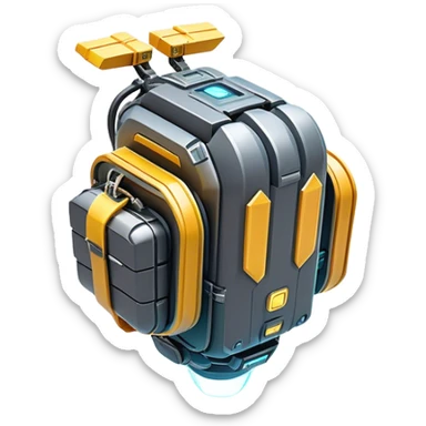 Clash of Clans aesthetic: Cinematic Playful 3D Isometric Jetpack Emoji, rendered in a 3D vector-style similar to standard emojis with minimal shading and bold, simplified shapes. A compact, distinct form with signature details, softly glowing with a futuristic sci-fi warfare charm. Simplified yet unmistakably iconic, highly detailed and consistent, glowing with a soft radiance and high shine. Stylized with a touch of high-tech brilliance and a soft glowing outline, capturing the essence of a beloved gaming relic with a friendly, playful manner! sticker
