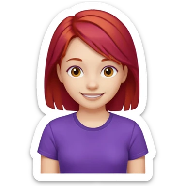 Young girl with red hair, wearing a purple T-shirt, with a smiling face sticker