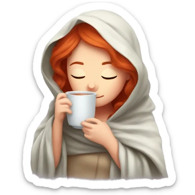 red hair girl wrapped in blanket drinking tea with eyes closed sticker