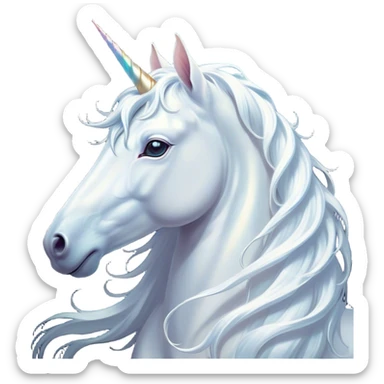 Cinematic Noble White Unicorn Portrait Emoji, Poised and regal, with a slender, ethereal form draped in a pristine white color, a flowing mane and tail, and a glistening, spiraled horn that radiates pure light, Simplified yet sharp and sophisticated features, highly detailed, glowing with a soft, iridescent luminescence, high shine, intelligent and transcendent, stylized with an air of mythical enchantment, focused and serene, soft glowing outline, capturing the essence of a watchful and confident white unicorn that appears ready to prance out of the screen with magical grace! sticker
