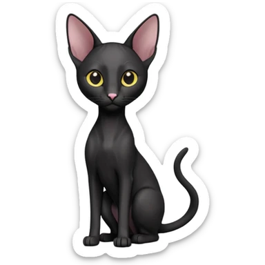 A 3D cartoon black Oriental Shorthair cat with sleek body, tall ears, reflective fur, dark cinematic background, Memoji-style. full body or half body. sticker