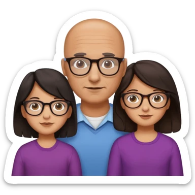 Papà calvo con occhiali, mamma capelli neri occhi marroni no occhiali, figlia capelli marroni mossi e occhiali tartarugati con montatura spessa occhi marroni, figlia capelli lisci marroni occhiali neri con montatura grande e fina occhi marroni  sticker