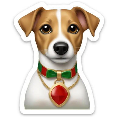 one year old jack russell terrier light brown wearing gucci gold green and red sticker