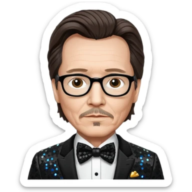Gary Oldman with dark brown hair hair, black sequin suit with bow tie sticker