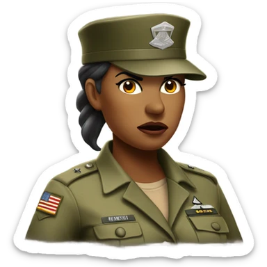 a female drill sergeant showing full torso wearing a classic sergeant hat and a camouflage army shirt. The character should have an angry intense expression.  sticker