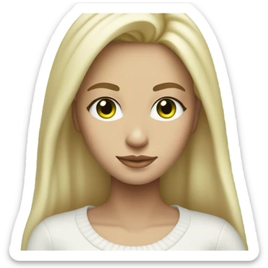 blonde girl with green eyes, smooth skin, white sweater, long blow out hair, baddie, middle part sticker