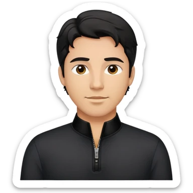 Man with wavy black hair in comfortable black zippered collar shirt, regular fit not tight sticker