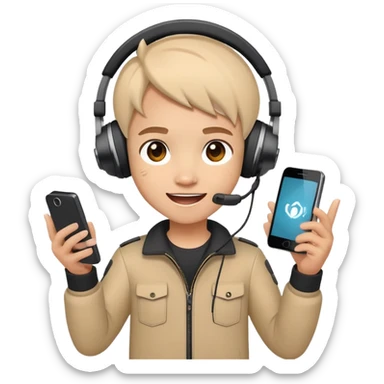 Cute cartoon character with gaming headset holding a mobile phone playing Free Fire, with excited eyes and happy expression sticker