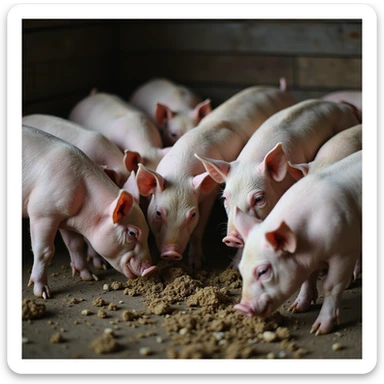 group of pigs in a barn, some eating food leftovers and others approaching feces, traditional farming atmosphere, realistic details, 4K quality sticker