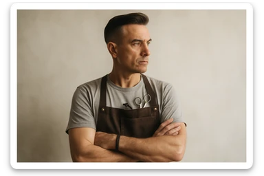 shu pozada turgan faqat chap tarafga qarab turgan sartarosh ustani tasvirlab ber realistik uslubda yoshi kattaroq soqol shart emas sticker