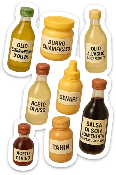 emoji stile iphone 3d di questi elementi che fluttuano in aria sparsi casualmente:

Olio extravergine d’oliva, burro chiarificato
Olio all’aglio (senza pezzetti)
Aceto di vino, aceto di riso, senape, tahin
Salsa di soia fermentata (senza aglio/cipolla)


 che fluttuano sparse casualmente in aria, le etichette dei prodotti scrivile in italiano, iperealistico 4k sticker