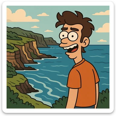 Jeju Island coastal cliffs and blue ocean, stylized cartoon style sticker