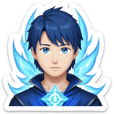 sung jin woo from solo leveling whit blue glowy eyes and blue aura glowing from hm sticker