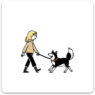 Blonde woman wearing a sweater walking a happy Siberian husky in New York City on an upper east side city sidewalk  sticker