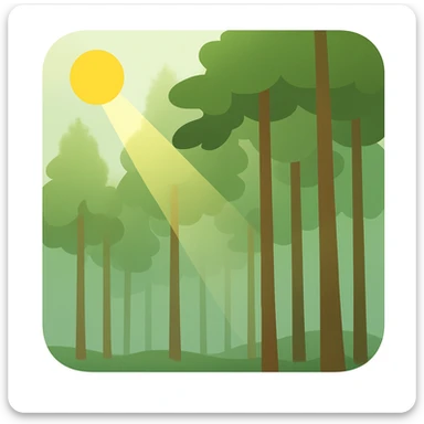 Create a forest emoji inspired by the reference image with tall thin trees, a misty atmosphere, and a simplified emoji-like style. Add a sunbeam effect shining through the trees. The style should be similar to the reference but adapted for emoji use. sticker