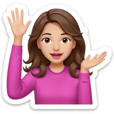 girl with long wavy brown hair, brown eyes, light to medium complexion, in a pink shirt, pink lips, long lashes, puckered lips, both hands in the air cheering sticker