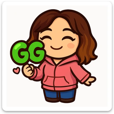 Sticker style chibi emote, matching the attached green heart emote as a base. Woman from reference, pink hoodie and blue jeans, holding a large, bubbly 'GG' sign with hearts, cute happy face, no headband, no wand, transparent background. Top color should not match jeans. sticker