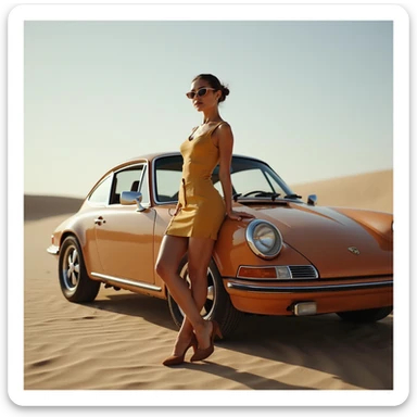 Cinematic still of a woman next to  porsche 911 on desert sticker