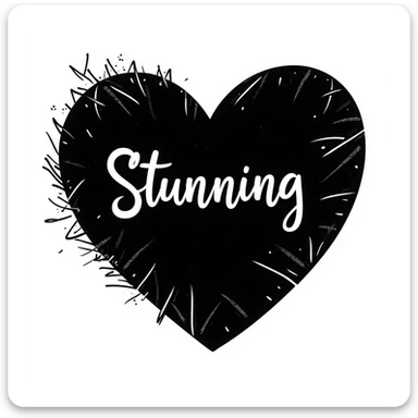 black heart with the word 'Stunning' in handwriting over it, chaotic doodle style, only black, text included sticker