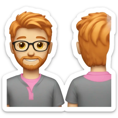 light red hair boy with a beard small glasses and pink polo sticker
