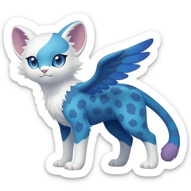 Winged hyper-realistic Feral Rare realistic edgy cute, white, blue, beautiful handsome gorgeous aesthetic colorful vibrant Vernid-Trico-Silvally-Nargacuga-Gryphon-Snow-Leopard-fusion-hybrid-species-Fakemon-creature by LiLaiRa, splotch-rosettes fur markings, rounded ears, full body sticker