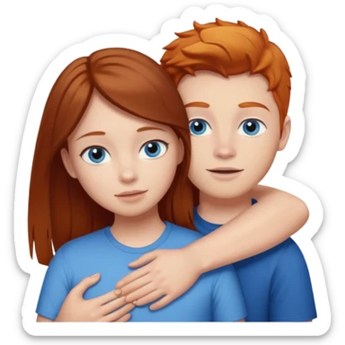 Girl with straight brown hair being hugged by ginger boy. Both have blue eyes.  sticker