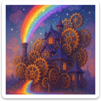 a fantasy rainbow factory with magical gears and sparkling colors, dreamy atmosphere sticker