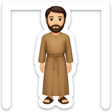 Create a full body, standing front view of Saint Joseph in an emoji style. He should wear a long tan robe similar to the reference image, have dark brown hair and beard. The background should be removed, leaving only the figure. sticker