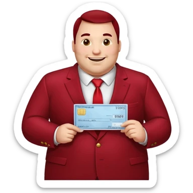 big fat guy bold head in dark red velvet suit holding cheque sticker