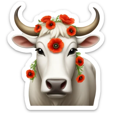 White ox with poppies on horns sticker