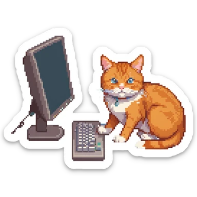 orange cat typing on desktop computer sticker
