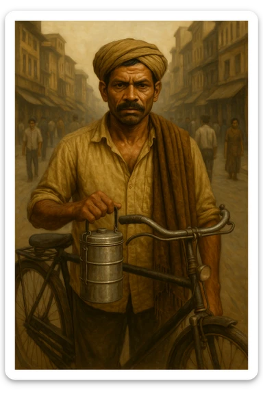 Add a bicycle beside the Indian man in humble attire, as he heads to work, maintaining the semi-realistic style and city street background. sticker
