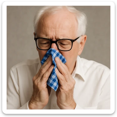 Make the handkerchief a little bit smaller while keeping the old man with white hair, white skin, black-framed glasses, wearing a white shirt, blowing his nose on the blue and white checkered handkerchief sticker
