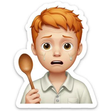 A ginger boy crying while holding a spoon sticker